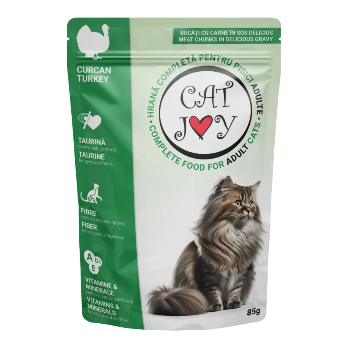 Plic de 85 g de hrană umedă pentru pisici Cat Joy cu curcan în sos.