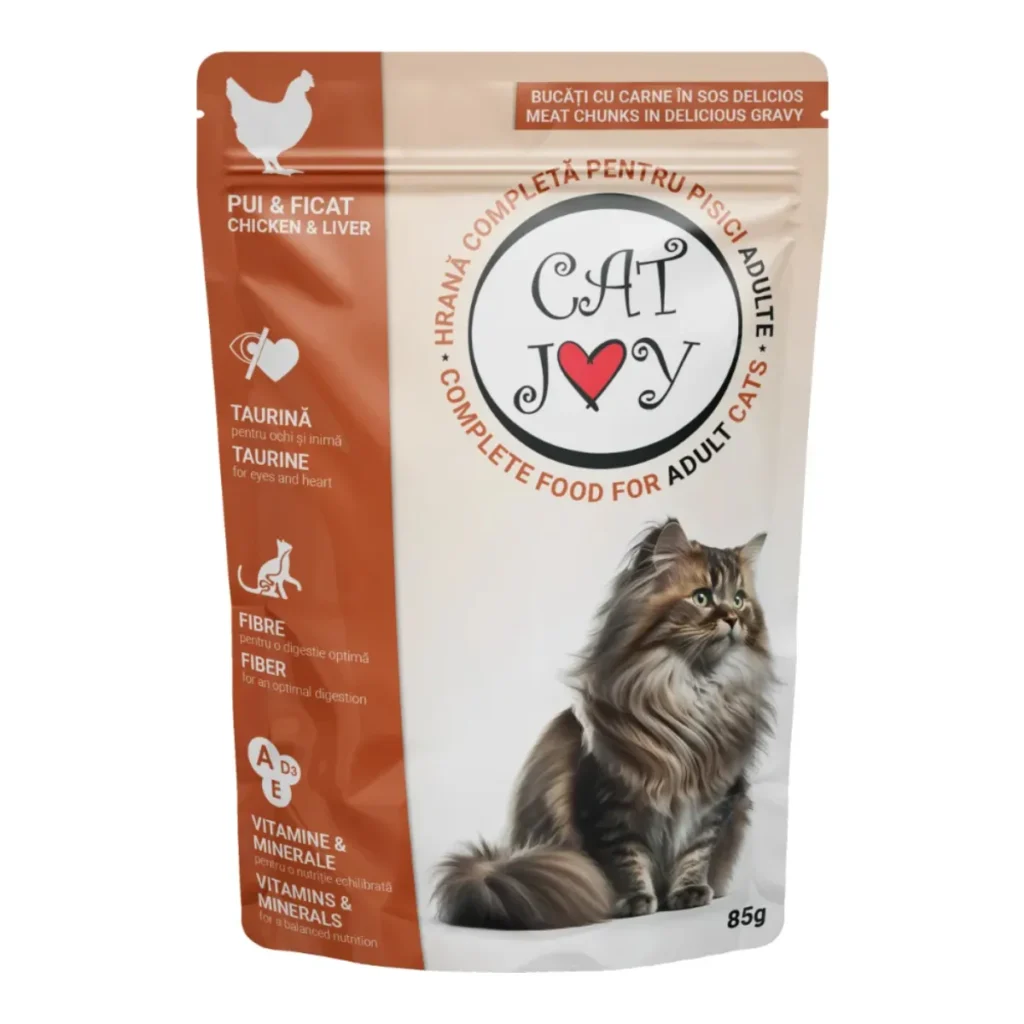 Plic de 85 g de hrană umedă pentru pisici Cat Joy cu pui și ficat în sos.