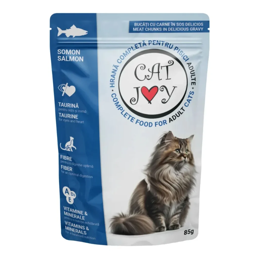 Plic de 85 g de hrană umedă pentru pisici Cat Joy cu somon în sos.