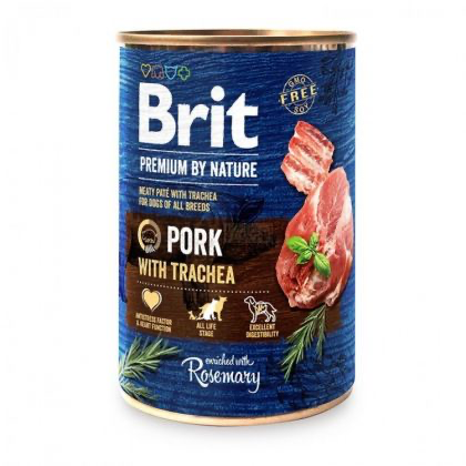 Conservă de 400 g cu hrană umedă Brit Premium by Nature, pate fin cu bucăți de carne de porc pentru câini adulți.