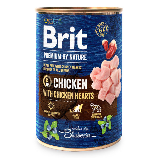 Conservă de 400 g cu hrană umedă Brit Premium by Nature, pate fin cu bucăți de carne de pui și inimi pentru câini adulți.