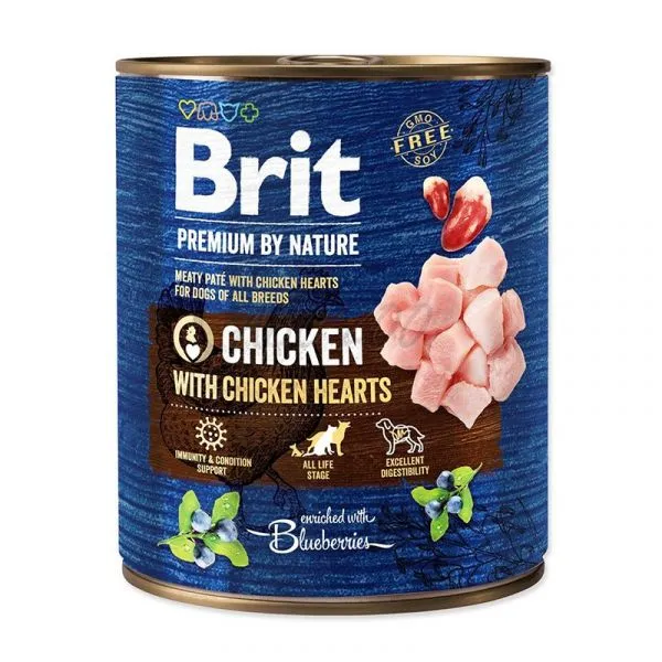 Conservă de 800 g cu hrană umedă Brit Premium by Nature, pate fin cu bucăți de carne de pui și inimi pentru câini adulți.