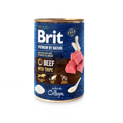 Conservă de 400 g cu hrană umedă Brit Premium by Nature, pate fin cu bucăți de carne de vită și burtă pentru câini adulți.