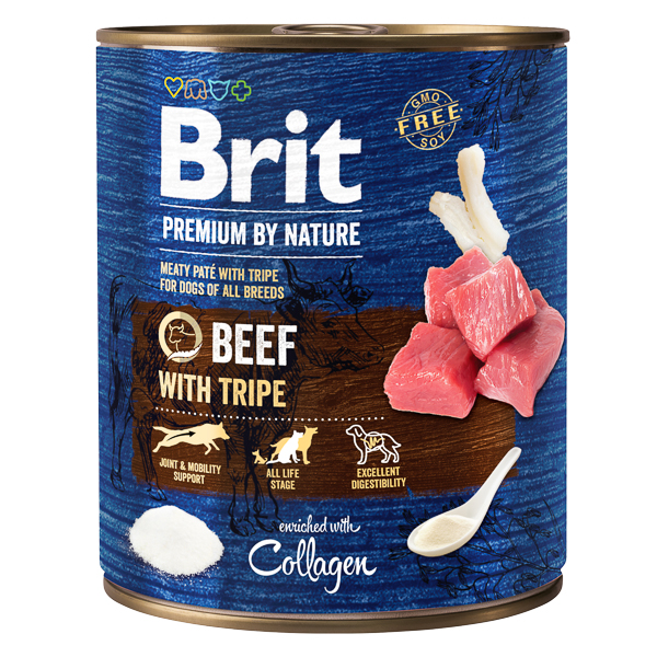 Conservă de 800 g cu hrană umedă Brit Premium by Nature, pate fin cu bucăți de carne de vită și burtă pentru câini adulți.
