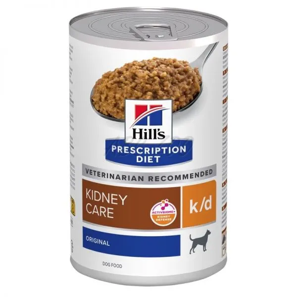 Conservă hrană umedă veterinară Hill's Prescription Diet k/d Kidney Care, 350 g, formulă tip pate pentru susținerea funcției renale la câini.