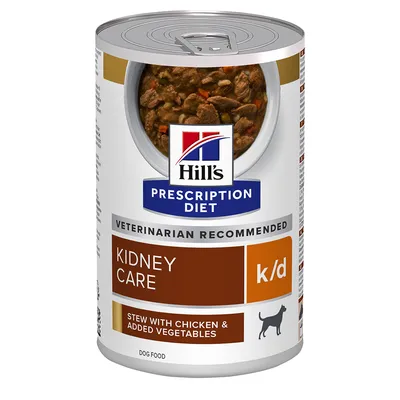 Conservă de 354g hrană umedă veterinară Hill's Prescription Diet k/d Kidney Care cu tocană de pui pentru sănătatea renală a câinilor.