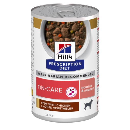Conservă hrană umedă veterinară Hill's Prescription Diet ON-Care cu tocană de pui și legume, 354 g, pentru suport nutrițional și convalescență la câini.