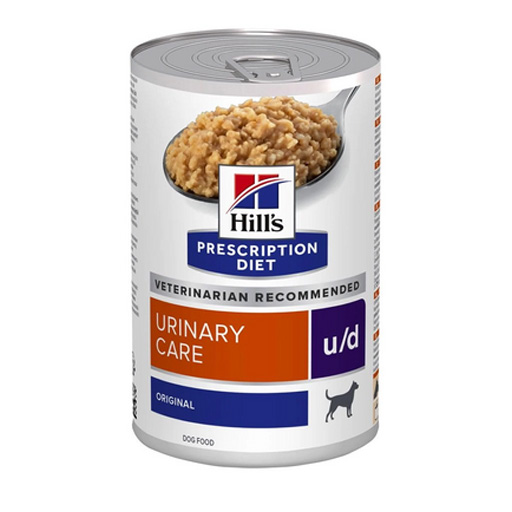 Conservă de 370 g cu hrană umedă veterinară Hill's Prescription Diet u/d, formulă specială pentru reducerea calculilor de urat și cistină.