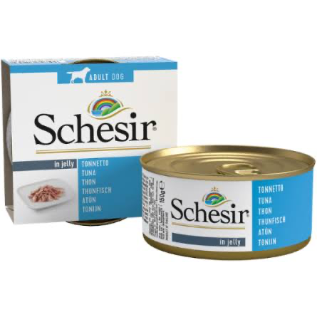 Conservă de 150 g cu hrană umedă naturală Schesir pentru câini, conținând fileuri de ton din pescuit sustenabil, gătite la abur.