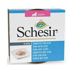 Conservă de 150 g cu hrană umedă naturală Schesir Puppy pentru pui de câine, conținând fileuri de ton și aloe în jeleu.