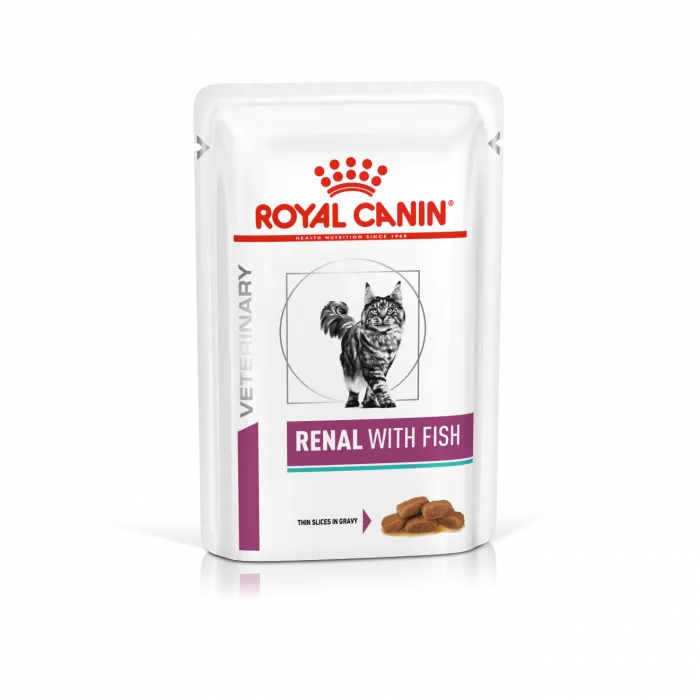 Plic de 85 g de hrană umedă dietetică pentru pisici Royal Canin Veterinary Renal cu Pește.
