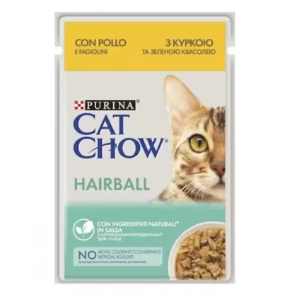 Plic 85 g hrană umedă Cat Chow Hairball Control cu pui și fasole verde pentru pisici adulte.