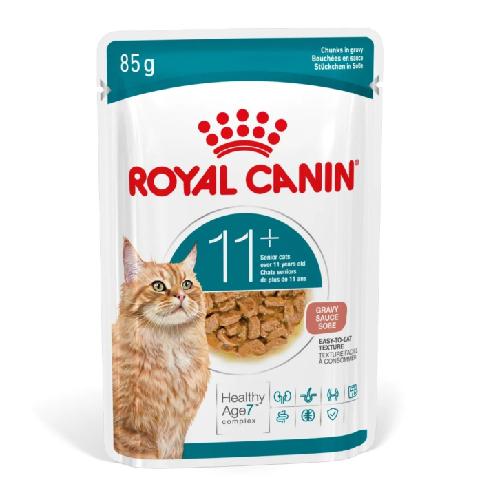 Plic de 85 g cu hrană umedă Royal Canin Ageing 11+, bucățele fragede în sos, special creată pentru pisicile senioare.