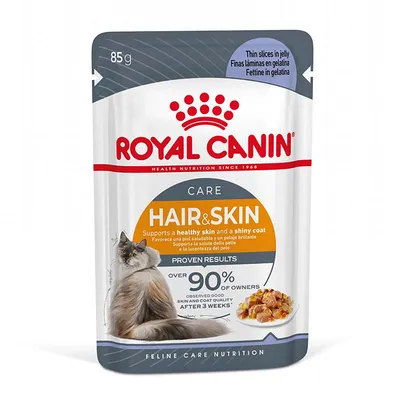 1 Plic de 85 g cu hrană umedă Royal Canin Hair & Skin Care, formulă cu bucățele în sos pentru pielea și blana pisicilor adulte.
