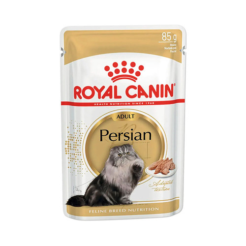 Plic de 85 g cu hrană umedă Royal Canin pentru pisici adulte din rasa Persană, textură de pate fin adaptată maxilarului scurt.