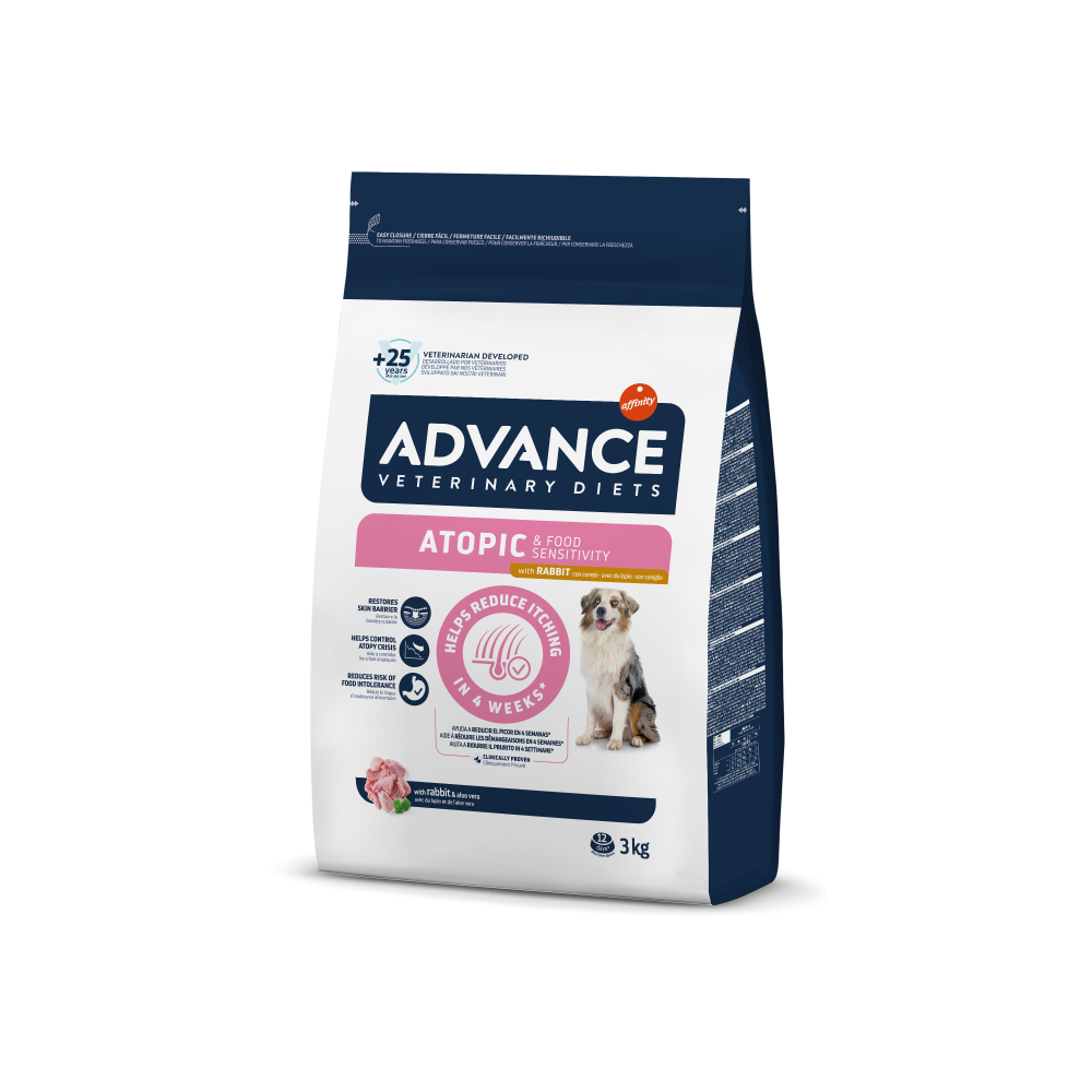 Hrană uscată dietetică pentru câini Advance Veterinary Diets Atopic Derma Care cu iepure, sac de 3 kg.