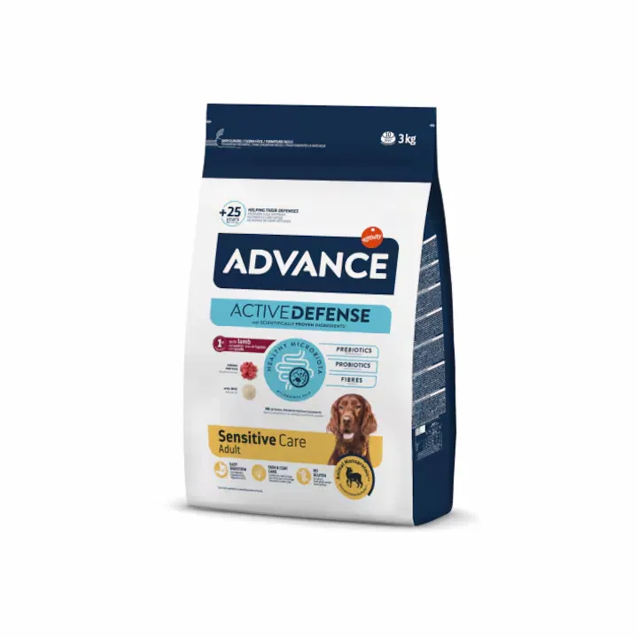 Sac de hrană uscată pentru câini Advance Sensitive cu miel și orez, gramaj 3 kg.