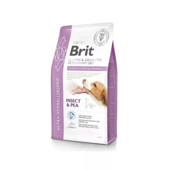 Hrană uscată dietetică pentru câini Brit Veterinary Diets Grain-Free Ultra Hypoallergenic cu insecte, sac de 2 kg.