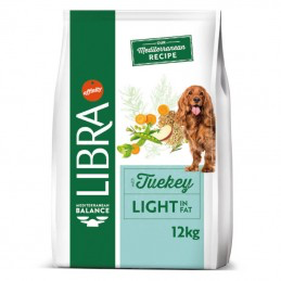 Sac mare de 12 kg de hrană uscată pentru câini adulți Libra Dog Adult Light cu curcan și cereale integrale.