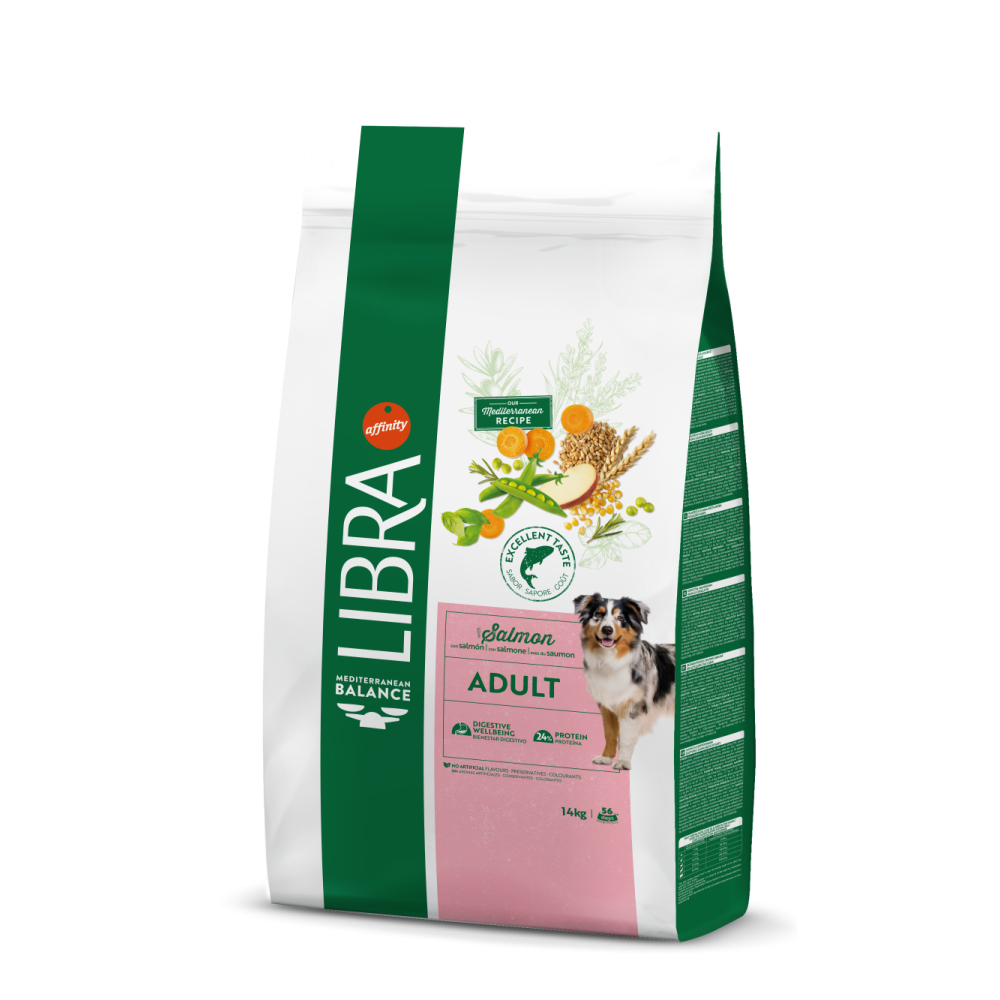 Sac mare de 14 kg de hrană uscată pentru câini adulți Libra Dog Adult cu somon.
