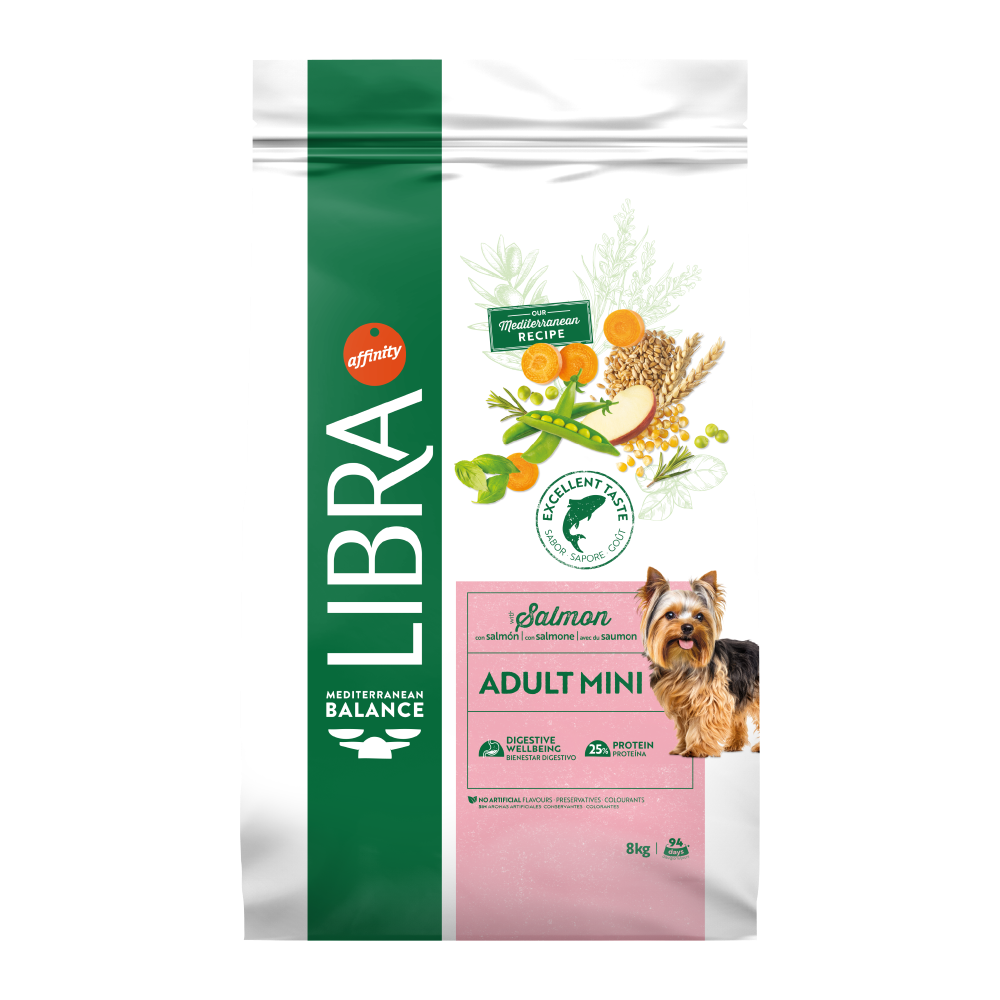 Sac de 8 kg de hrană uscată pentru câini adulți de talie mică Libra Dog Mini Adult cu somon.