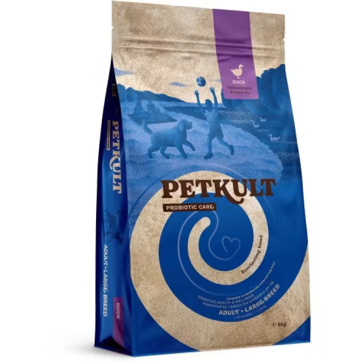 Sac 2 kg hrană uscată Petkult Probiotic Care Adult Large Breed cu rață și orez brun, suport digestiv și articular pentru câini de talie mare.