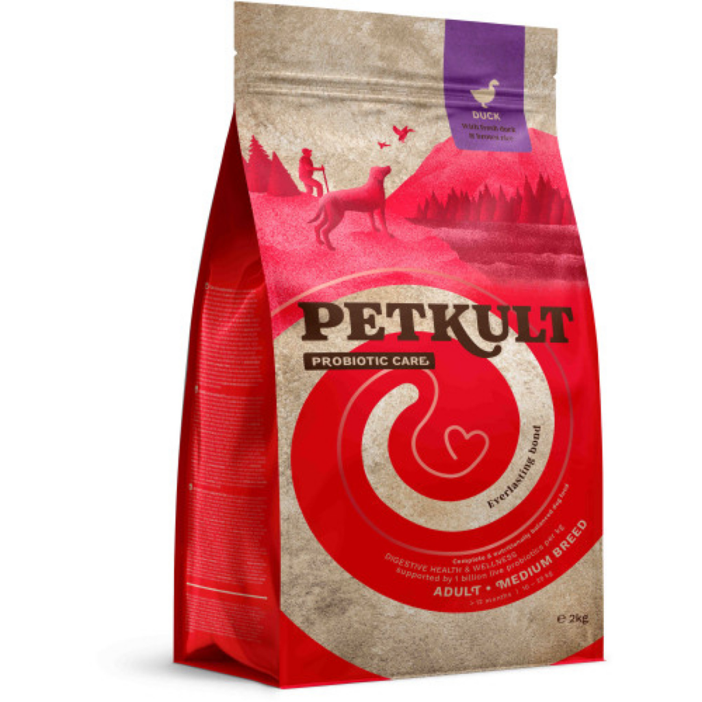 Sac 2 kg hrană uscată Petkult Probiotics Adult Medium Breed cu rață și orez brun, suport digestiv pentru câini de talie medie.