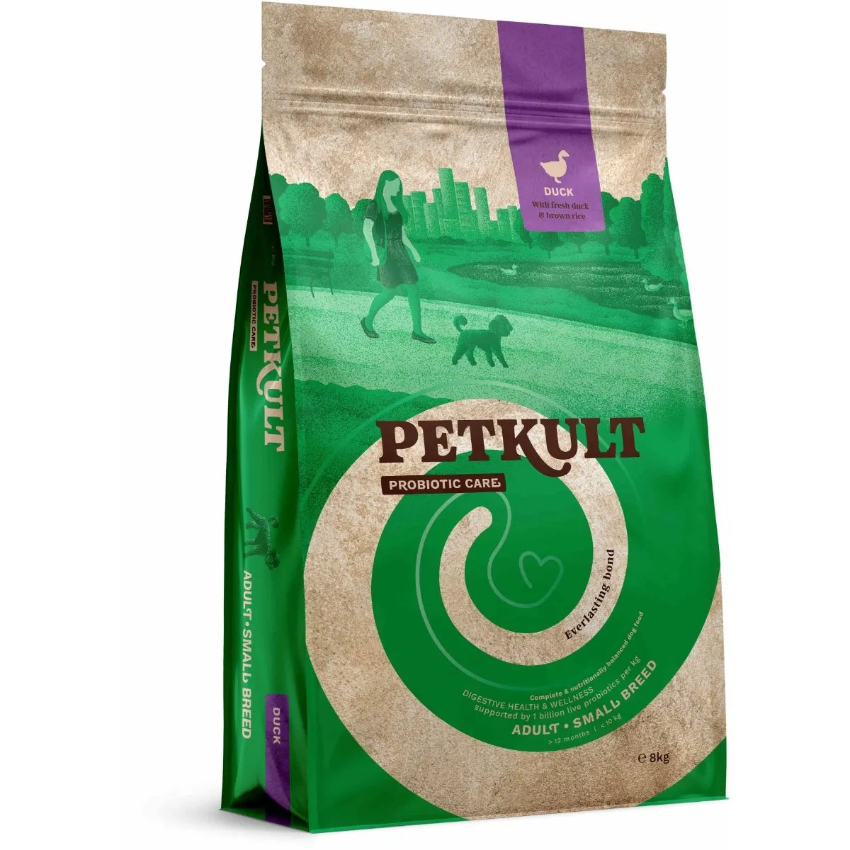 Sac 2 kg hrană uscată Petkult Probiotics Adult Small Breed cu rață și orez brun, suport digestiv pentru câini de talie mică.