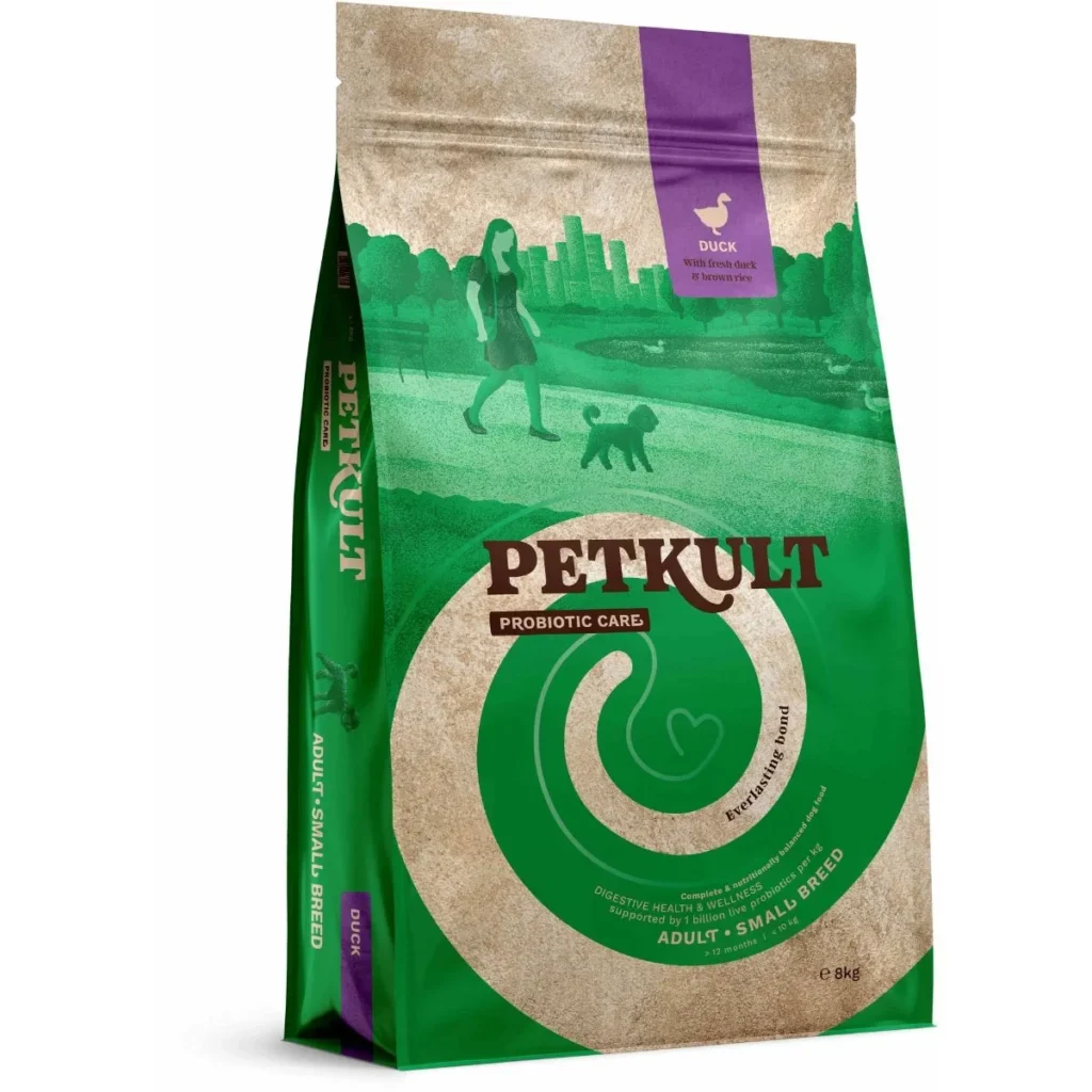 Sac 8 kg hrană uscată Petkult Probiotics Adult Small Breed cu rață și orez brun, suport digestiv pentru câini de talie mică.
