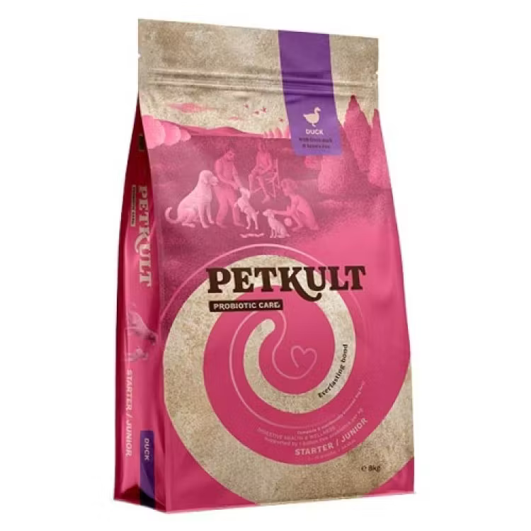 Sac 8 kg hrană uscată Petkult Probiotics Starter & Junior cu rață și orez, suport digestiv și imunitate pentru puii de câine.