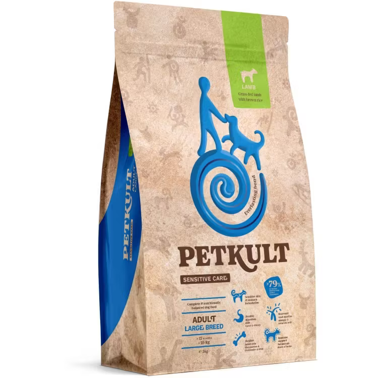 Sac 12 kg hrană uscată Petkult Sensitive Adult Large Breed cu miel și orez, dietă hipoalergenică și suport articular pentru câini de talie mare.