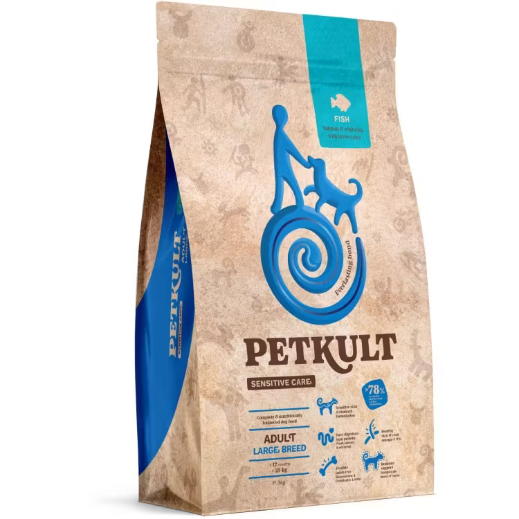 Sac 3 kg hrană uscată Petkult Sensitive Care Adult Large Breed cu pește, dietă hipoalergenică și suport articular pentru câini de talie mare.