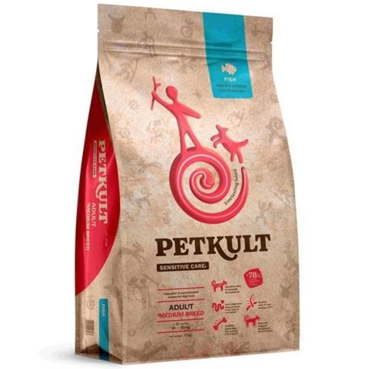 Sac 3 kg hrană uscată Petkult Sensitive Care Adult Medium Breed cu pește, dietă hipoalergenică pentru câini de talie medie cu sensibilități.