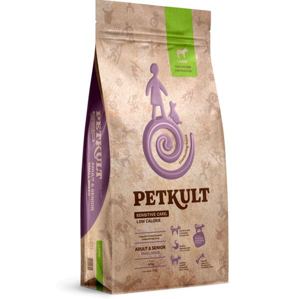 Sac 3 kg hrană uscată Petkult Sensitive Care Low Calorie cu miel, pentru controlul greutății și suport articular la câini adulți și seniori de talie mică.