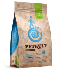 Sac 12 kg hrană uscată Petkult Sensitive Junior Large Breed cu miel și orez, nutriție hipoalergenică și suport articular pentru puii de câine de talie mare.
