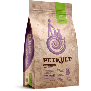 Sac 12 kg hrană uscată Petkult Sensitive Low Calories cu miel și orez, pentru controlul greutății și suport articular la câini adulți și seniori.