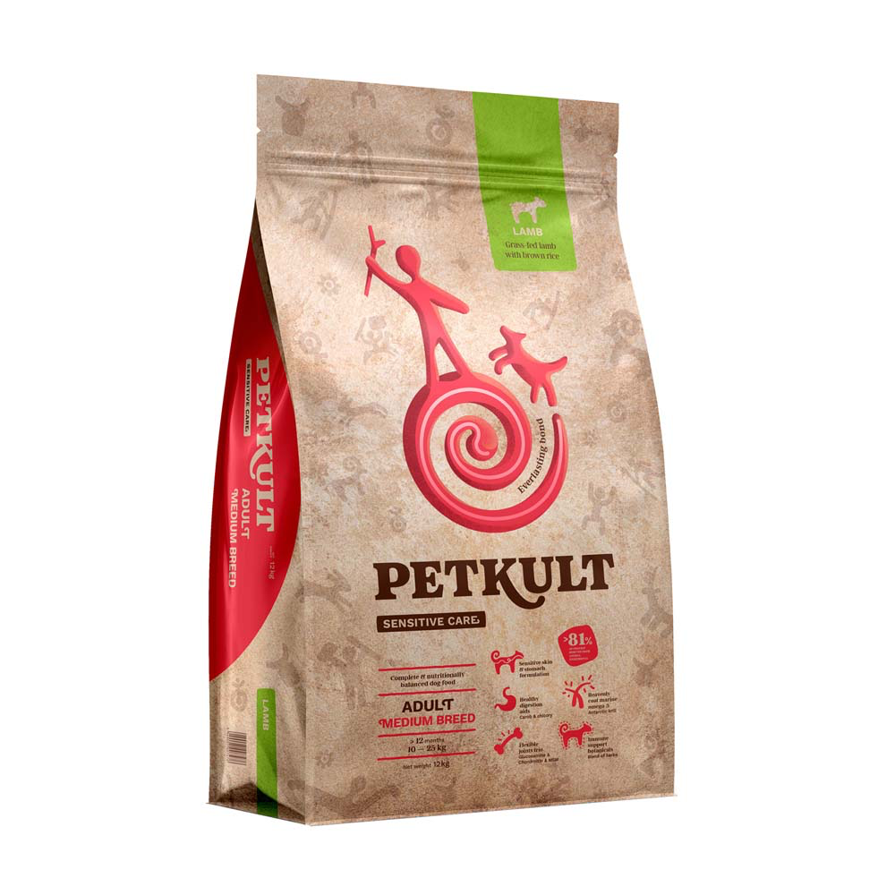 Sac 12 kg hrană uscată Petkult Sensitive Medium Adult cu miel și orez, nutriție hipoalergenică pentru câini de talie medie.