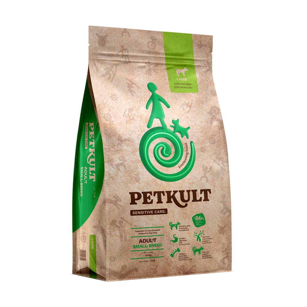 Sac 3 kg hrană uscată Petkult Sensitive Mini Adult cu miel și orez, hrană hipoalergenică pentru câini de talie mică.
