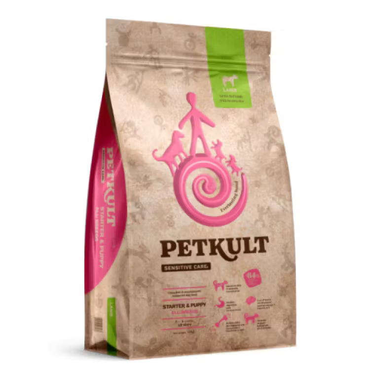 Sac 12 kg hrană uscată Petkult Sensitive Starter & Puppy cu miel și orez, nutriție hipoalergenică pentru puii de câine și femele gestante.