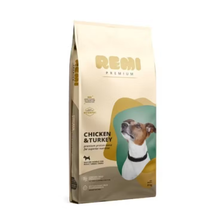 Hrană uscată Remi Premium Adult Small Breed, cu pui și curcan, crochete de dimensiuni mici pentru câini de talie mică, sac de 8 kg.