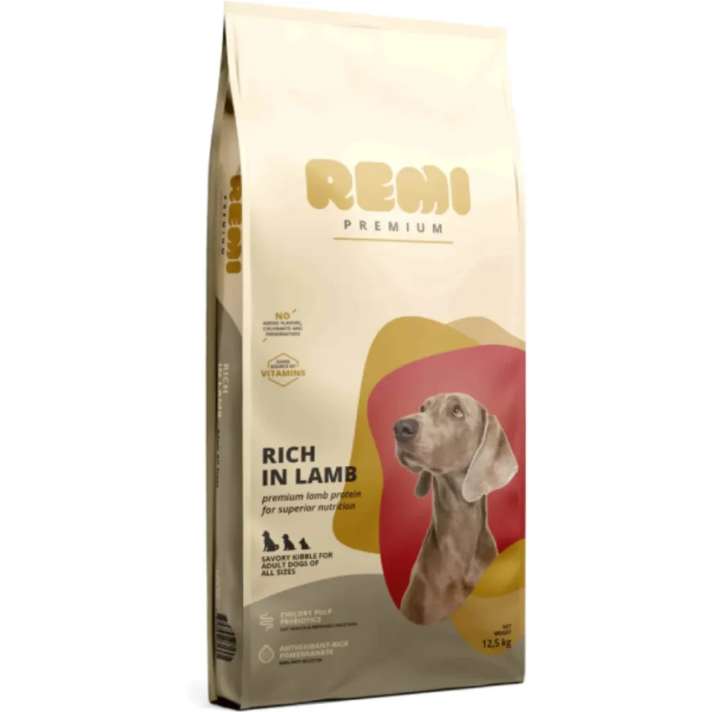Hrană uscată Remi Premium cu carne de miel pentru câini adulți de toate taliile (XS-XL), nutriție completă și digestie ușoară.