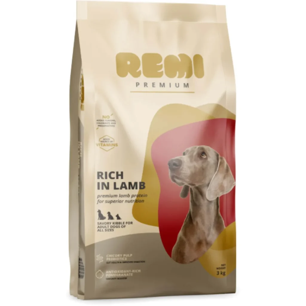 Hrană uscată Remi Premium cu carne de miel pentru câini adulți de toate taliile (XS-XL), nutriție completă și digestie ușoară.