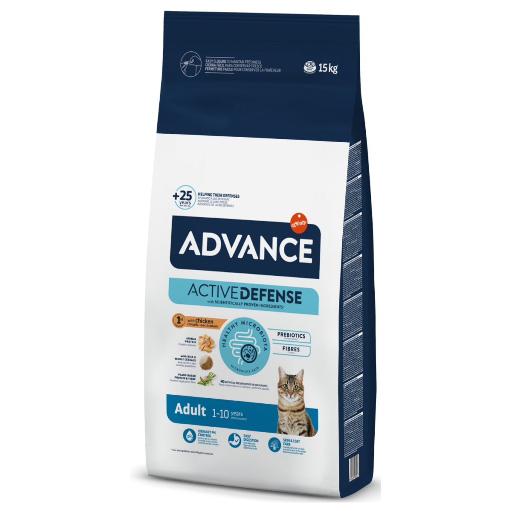 Sac mare de 15 kg de hrană uscată superpremium Advance Cat Adult cu pui pentru pisici adulte.