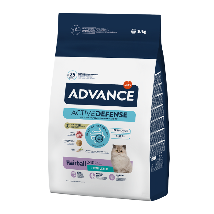 Sac mare de 10 kg de hrană uscată Advance Cat Hairball Sterilised cu curcan pentru pisici sterilizate.