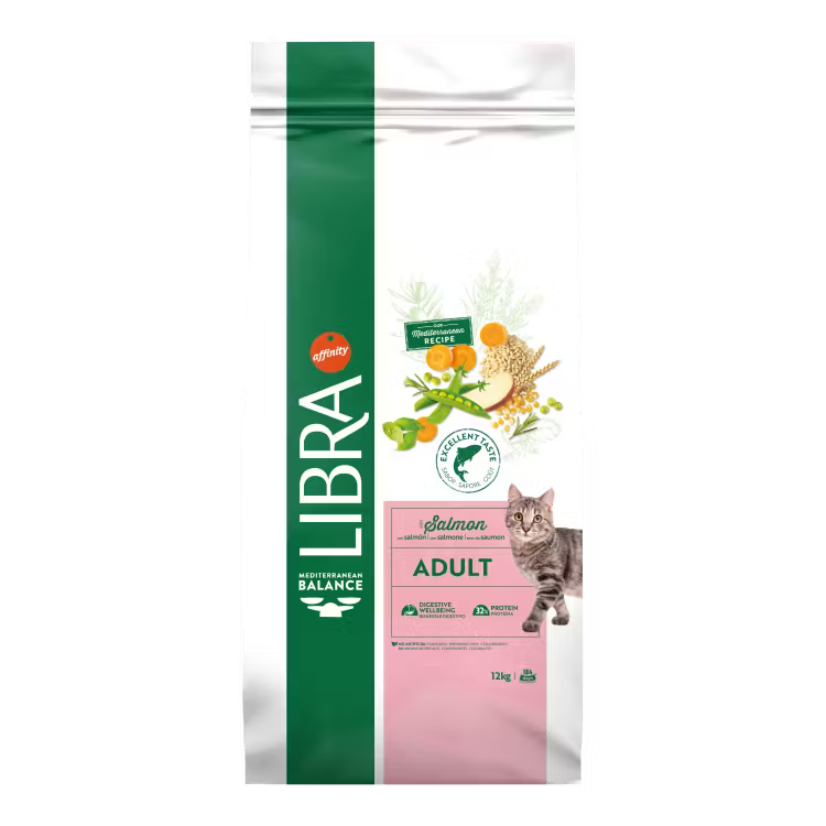 Sac mare de 12 kg de hrană uscată pentru pisici adulte Libra Cat Adult cu somon.