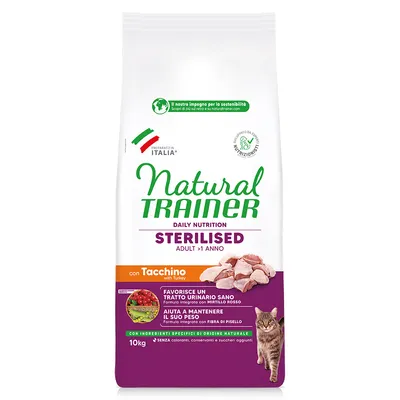 Sac mare de 10 kg de hrană uscată pentru pisici adulte sterilizate Natural Trainer Cat Sterilised cu curcan.