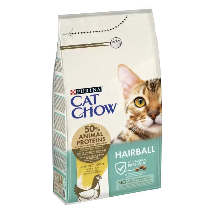 Sac de 1.5 kg de hrană uscată pentru pisici Purina Cat Chow Hairball Control cu Pui.