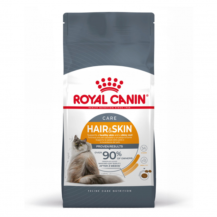 Sac de 4 kg cu hrană uscată Royal Canin Hair & Skin Care, formulă cu rezultate dovedite pentru pielea și blana pisicilor adulte.