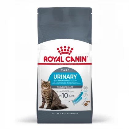 Sac de 400 g cu hrană uscată Royal Canin Urinary Care, concepută pentru menținerea sănătății tractului urinar la pisicile adulte.