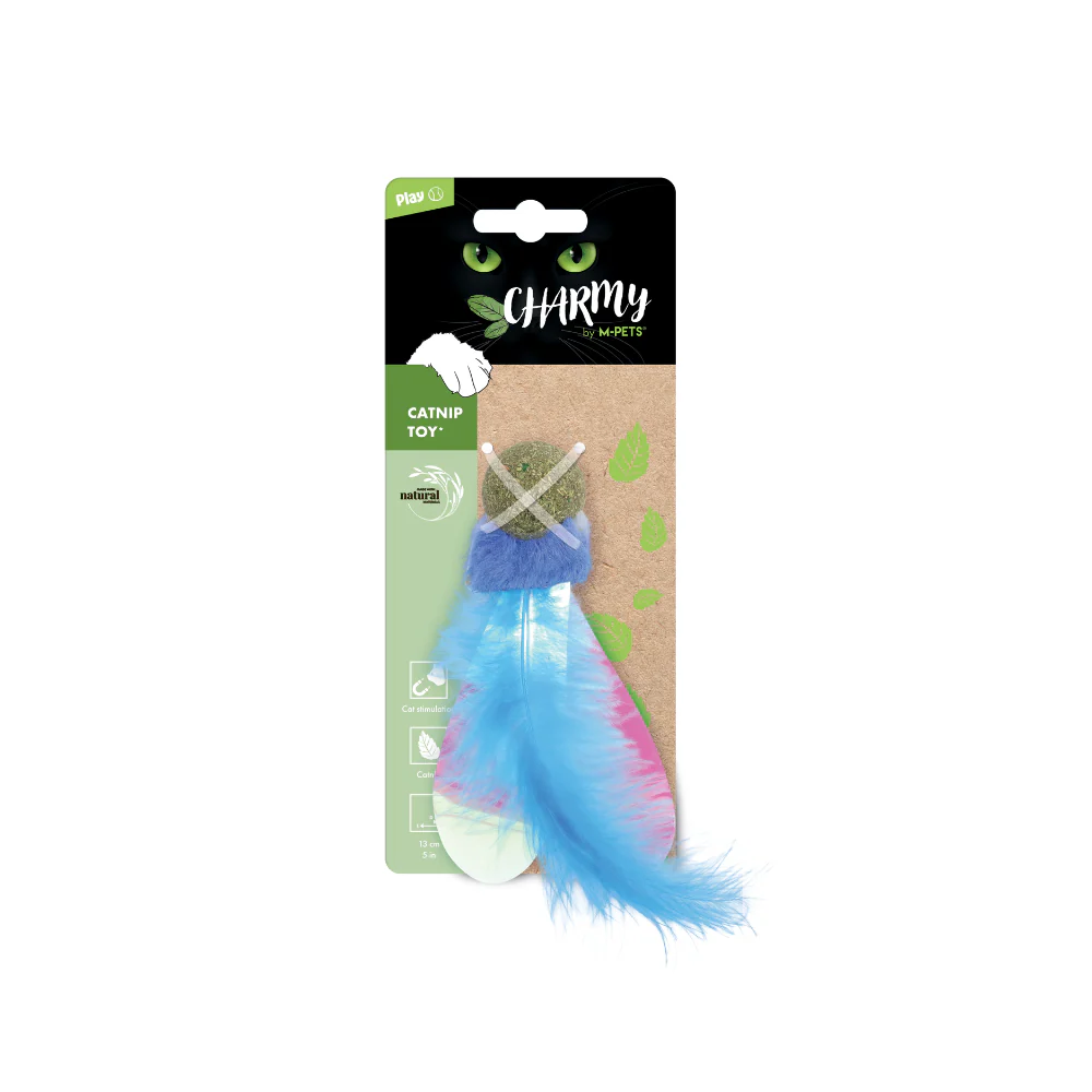 Jucărie pentru pisici M-Pets Charmy sub formă de licurici albastru, infuzată cu catnip pentru stimulare.